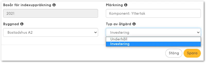 Skärmbild i Planima som visar funktionen underhåll/investering som underlättar att skapa en budget för fastigheter