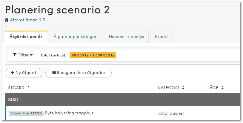 Kostnadsfilter i Planima inställt på ett kostnadsintervall för att filtrera fram åtgärder
