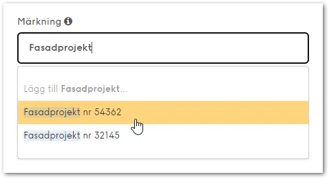 Lista med tidigare använda Märkningar att välja från vid sökning