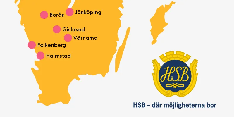 Karta över HSB Gambrinus orter: Jönköping, Borås, Halmstad, Gislaved, Värnamo och Falkenberg