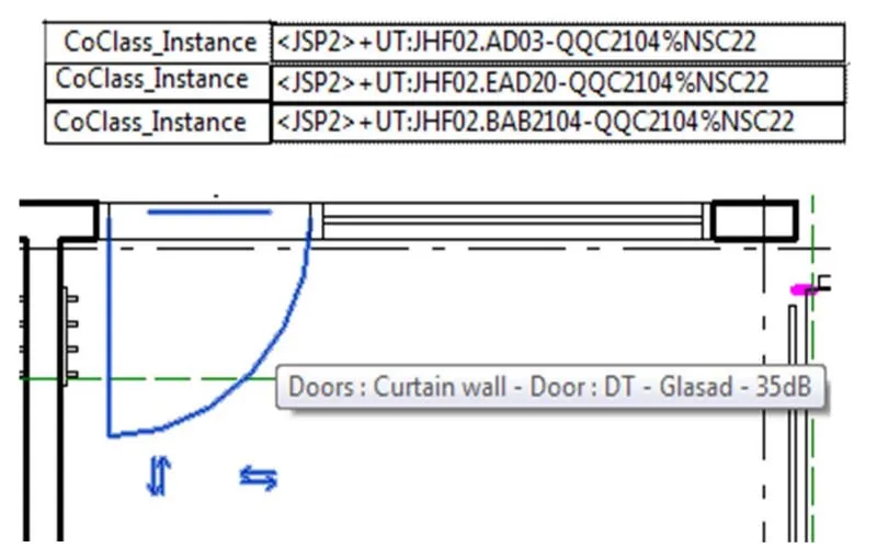 Ritning av en dörr i Revit med tre olika CoClass-koder som beskriver den
