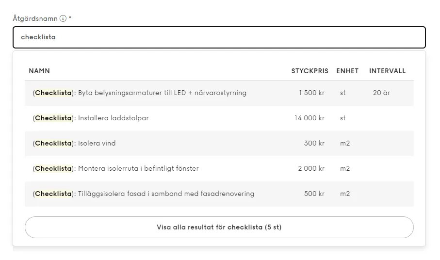 Skärmbild från Planima som visar checklista för energi/miljöåtgärder som alla i organisationen kan få tillgång till.
