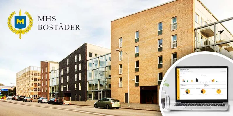 Fasader på MHS Bostäders bostadsfastigheter och en laptop med Planima på skärmen.