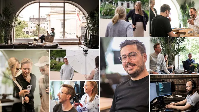 Collage med bilder på Planima-teamet på kontoret och i olika arbetsmoment