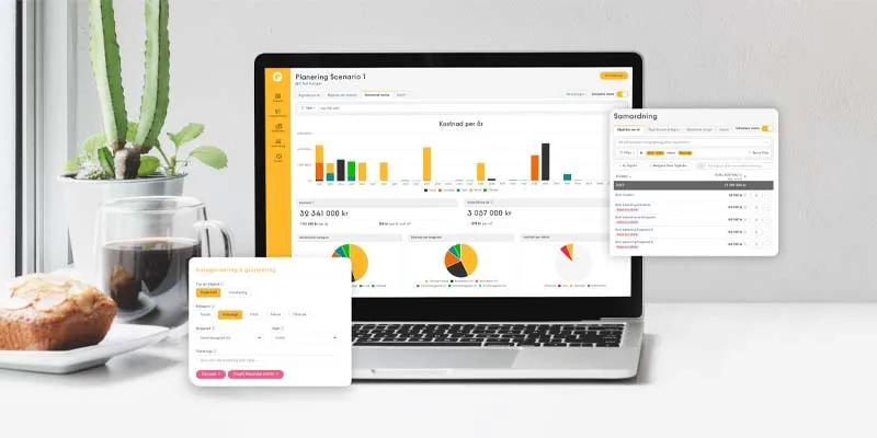 Bärbar dator som visar Planimas planeringsvy med kostnadsdiagram och budgetöversikt