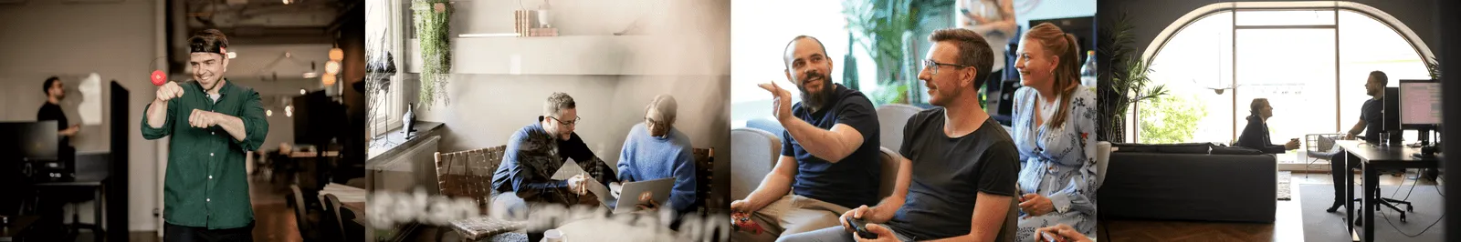 Bildstripe med Planima-medarbetare i olika arbetsmoment och evenemang