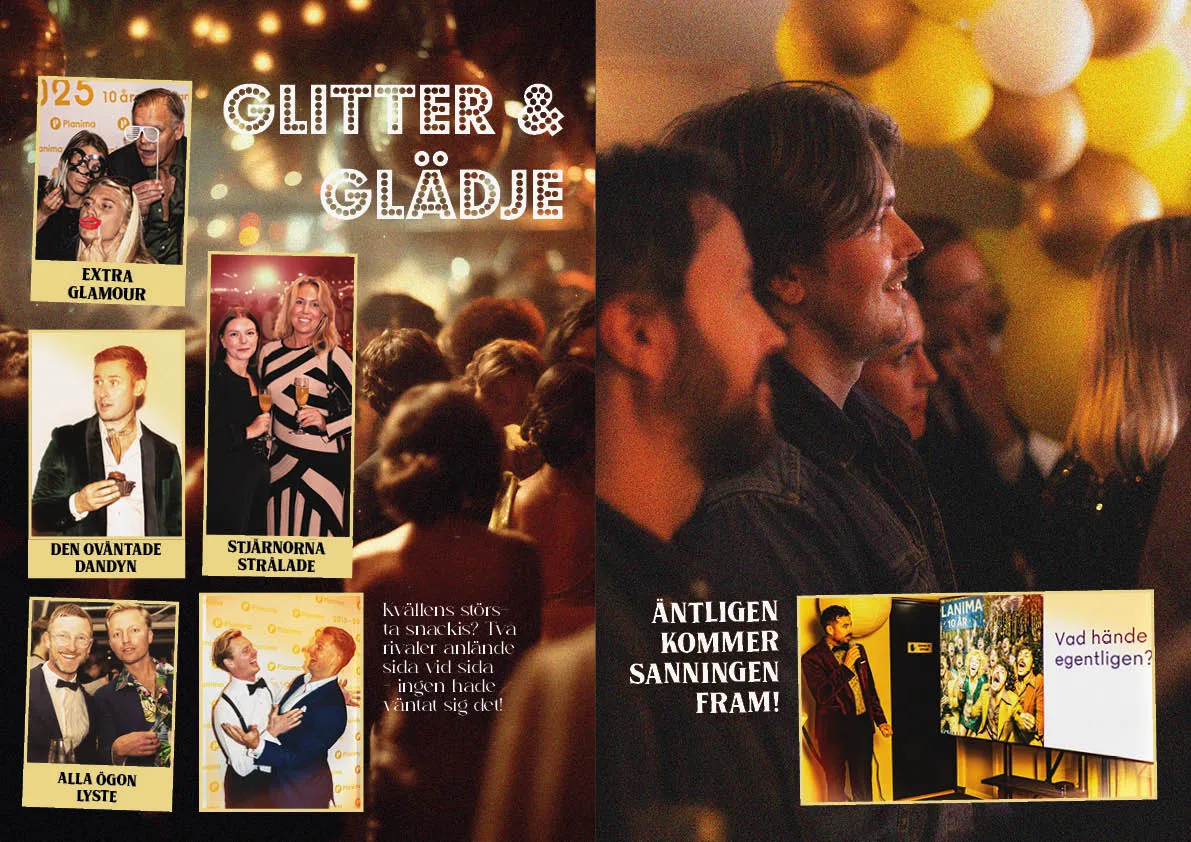 Uppslag ur festmagasinet med rubriken "Glitter & glädje" och gäster i partymingel på Planiversary-galan