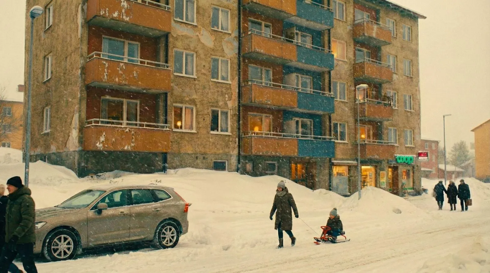 Flerbostadshus med balkonger i snöväder, med gående och en pulka på gatan utanför