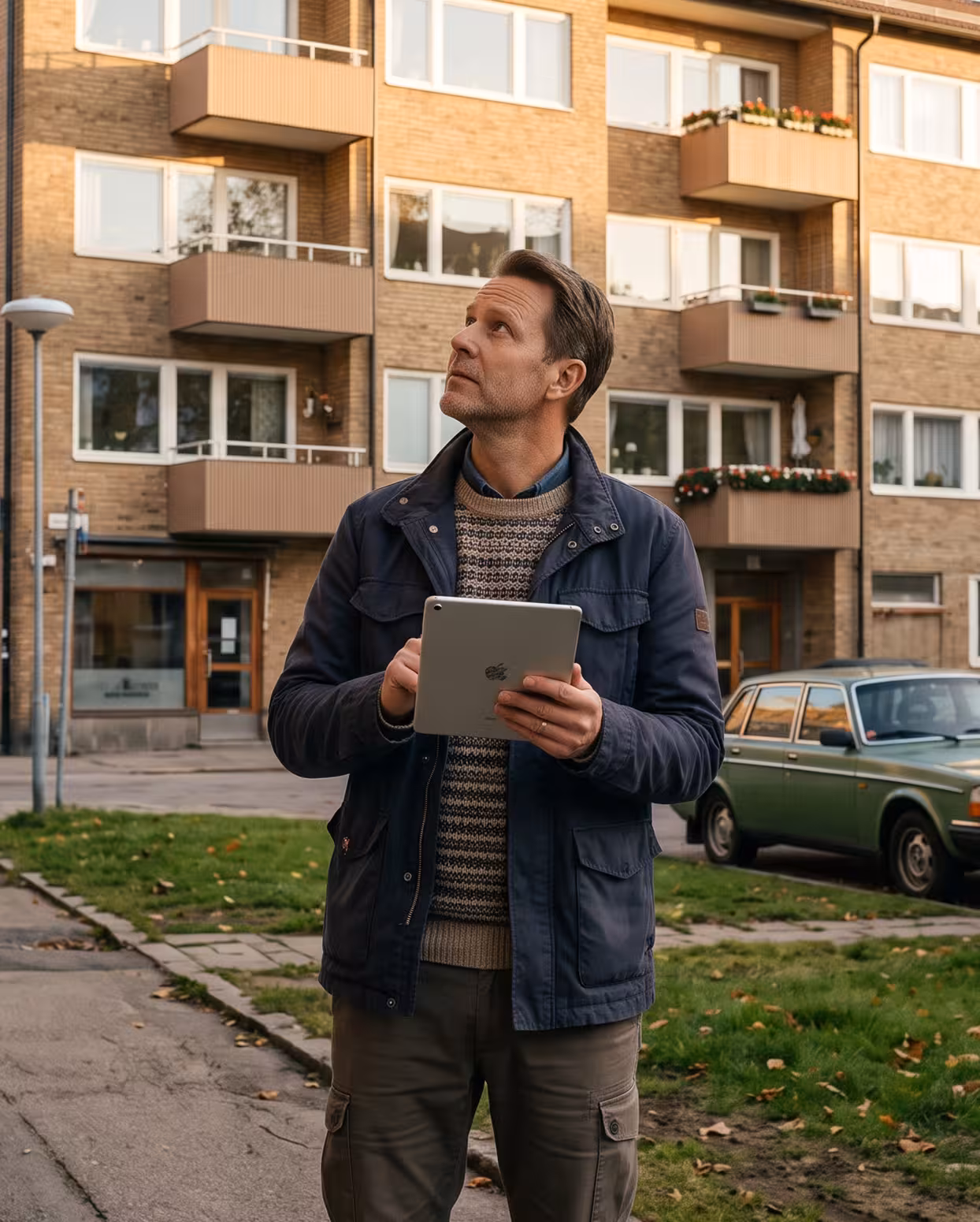 Fastighetschef med surfplatta inspekterar ett flerbostadshus.