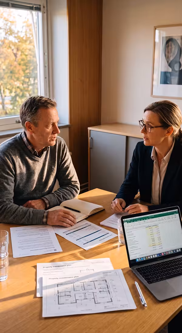 Fastighetsförvaltare går igenom en tioårig underhållsplan med planritningar inför diskussion med bank.