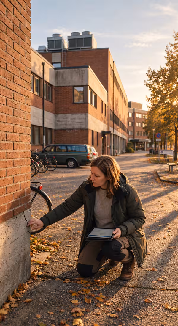 Förvaltningschef inspekterar fasaden på en kommunal fastighet med surfplatta i handen.