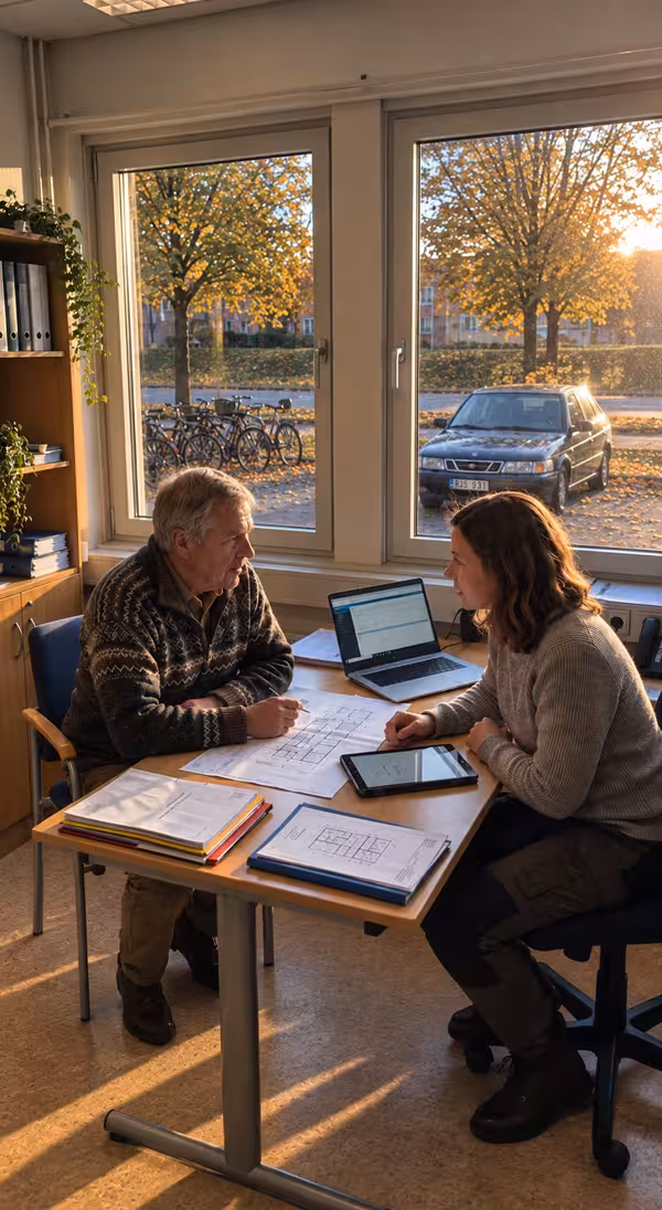 Förvaltningschefen och kollega diskuterar underhållsplanering med ritningar, dator och surfplatta.