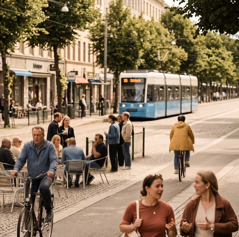Stadsmiljö med spårvagn, cyklister och fotgängare i en svensk stad.