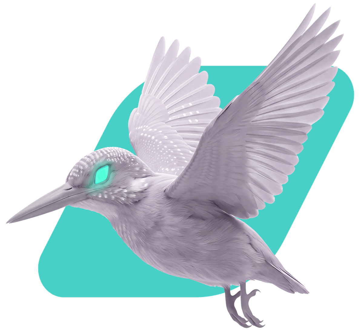 Illustration of a stylized bird with glowing teal eyes and spread wings over a teal shape background.