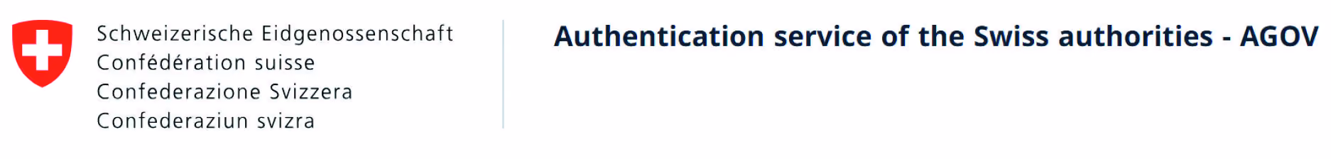 Red shield with white cross on left, text in four languages naming the Swiss Confederation, and bold text on right reading 'Authentication service of the Swiss authorities - AGOV'.