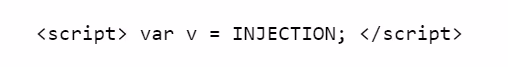 Code snippet showing a JavaScript variable declaration: var v = INJECTION;