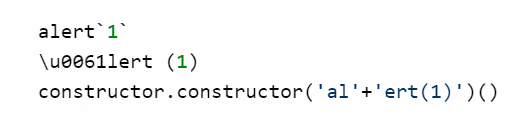 Code snippet illustrating JavaScript code with an alert function showing the number 1, unicode representation of alert with a parameter 1, and dynamically constructing and calling alert using constructor constructor syntax.