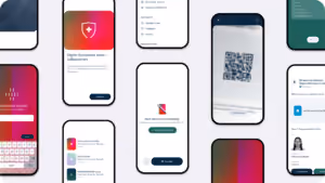 Multiple phone screens display various user interface designs including a digital vaccination certificate, QR code scanner, home screen with app icons, password entry, user profile, and confirmation messages on a white and dark background.