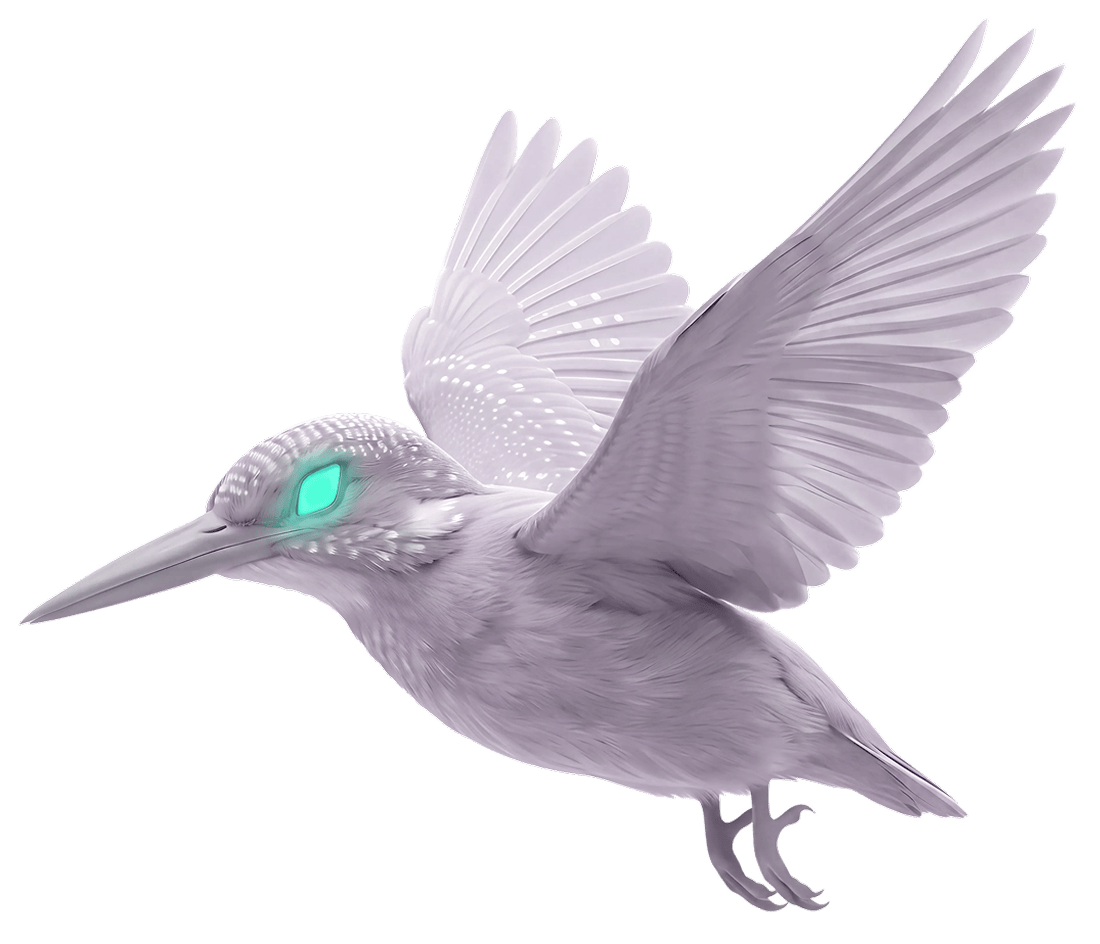 Digital illustration of a bird in mid-flight with outstretched wings, glowing turquoise eyes, and pale lavender feathers.