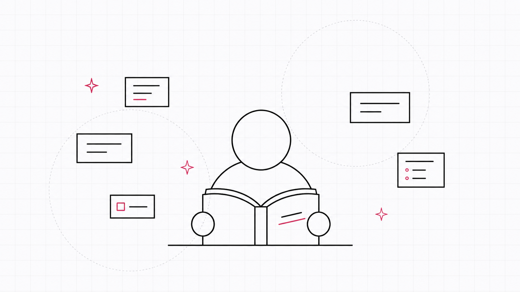 Minimal black-and-white illustration of a student studying with floating note cards