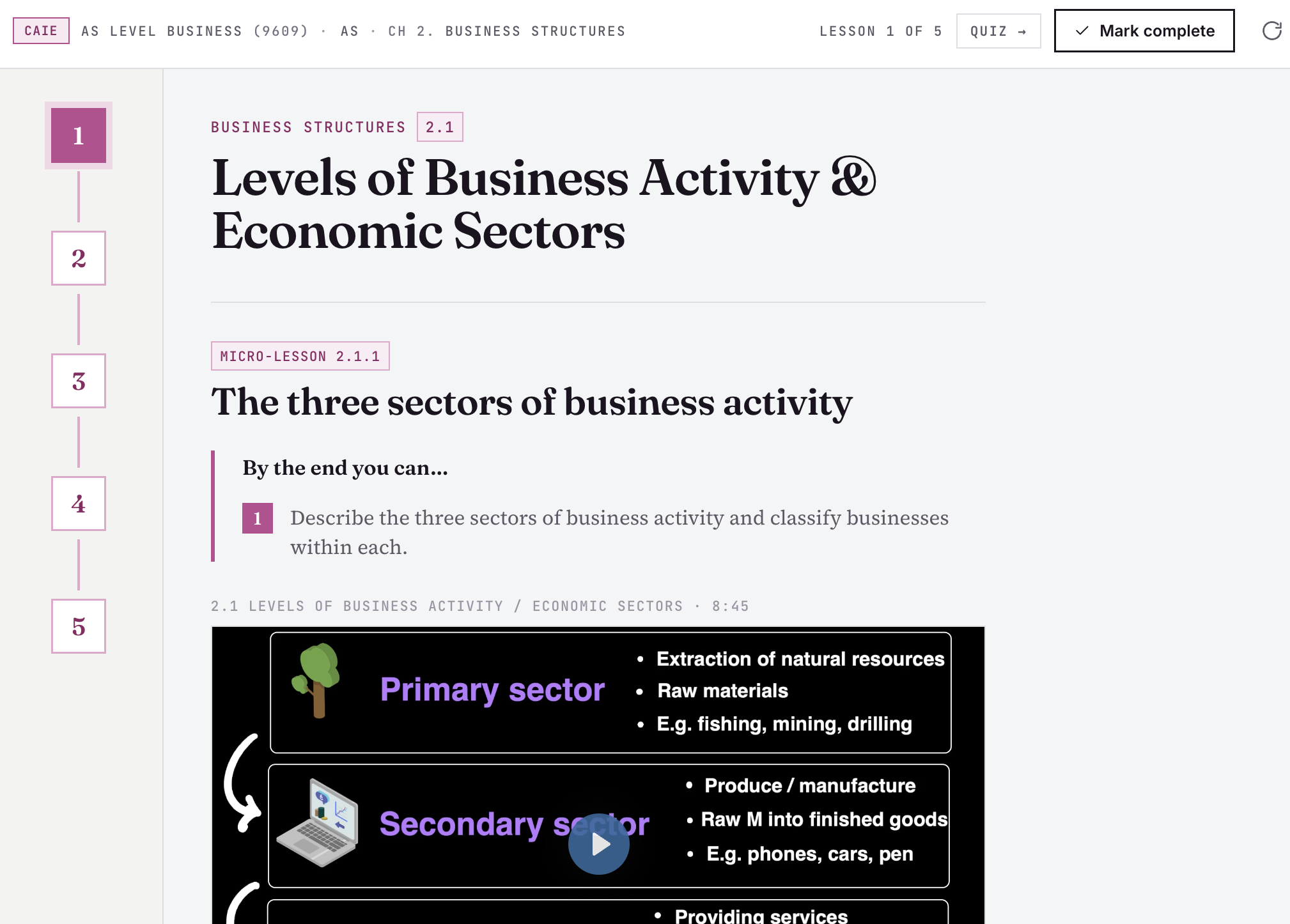 The Alt Academy Business course player: chapter list, lesson video and Skill Check