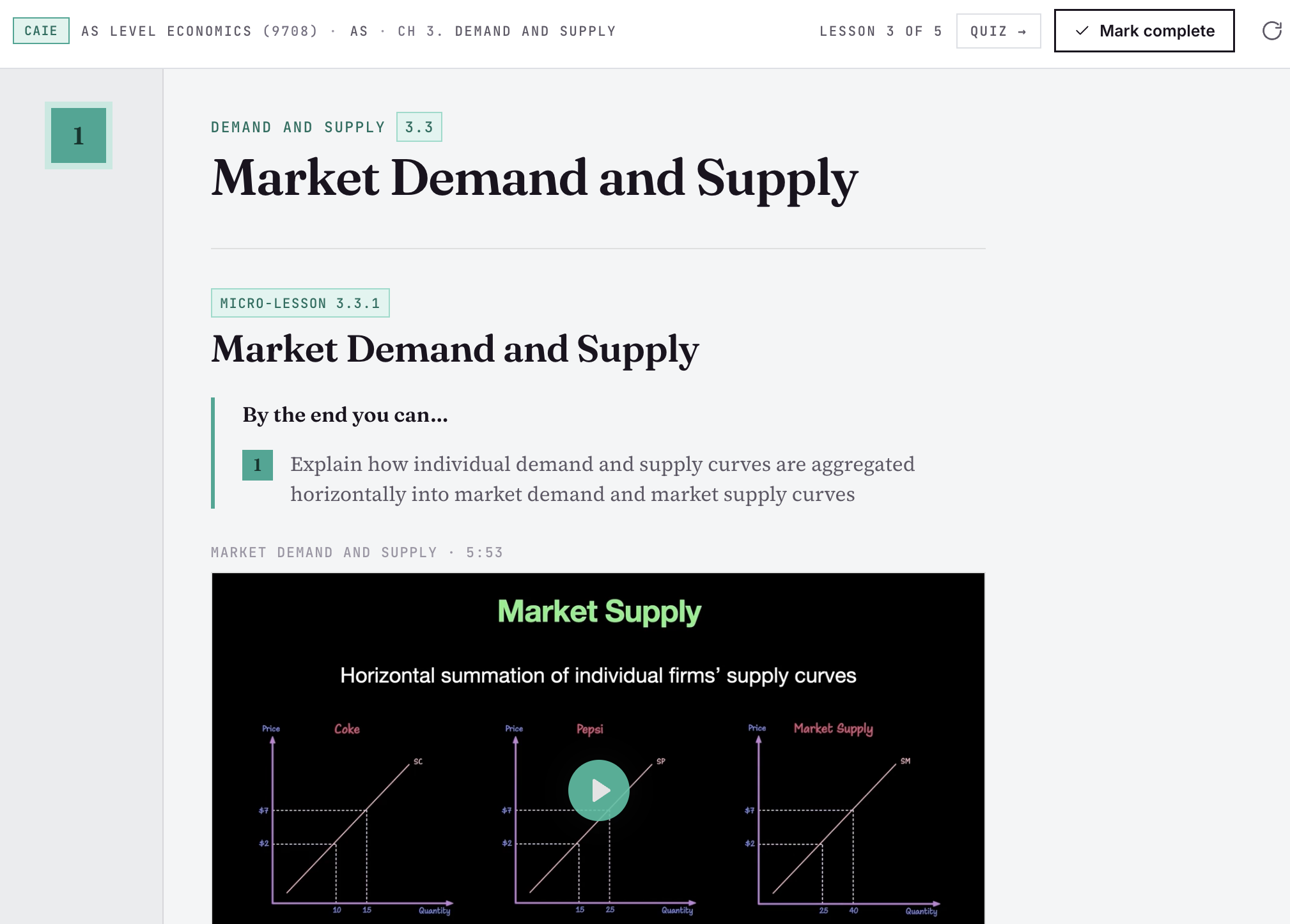 The Alt Academy Economics course player: chapter list, lesson video and Skill Check
