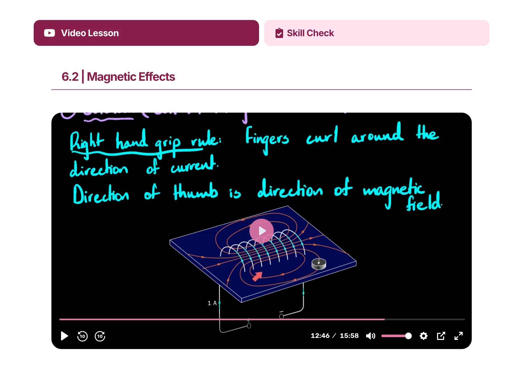The Alt Academy Physics course player: chapter list, lesson video and Skill Check