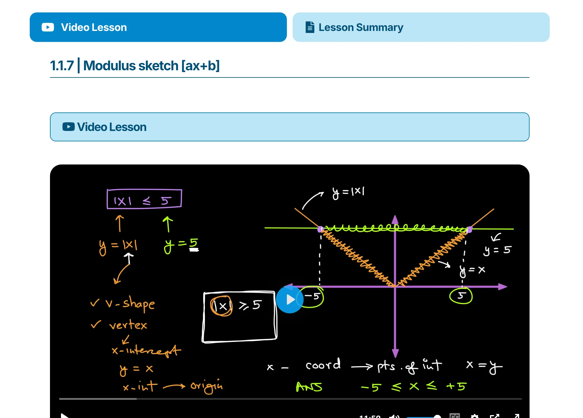 The Alt Academy Mathematics course player: chapter list, lesson video and Skill Check