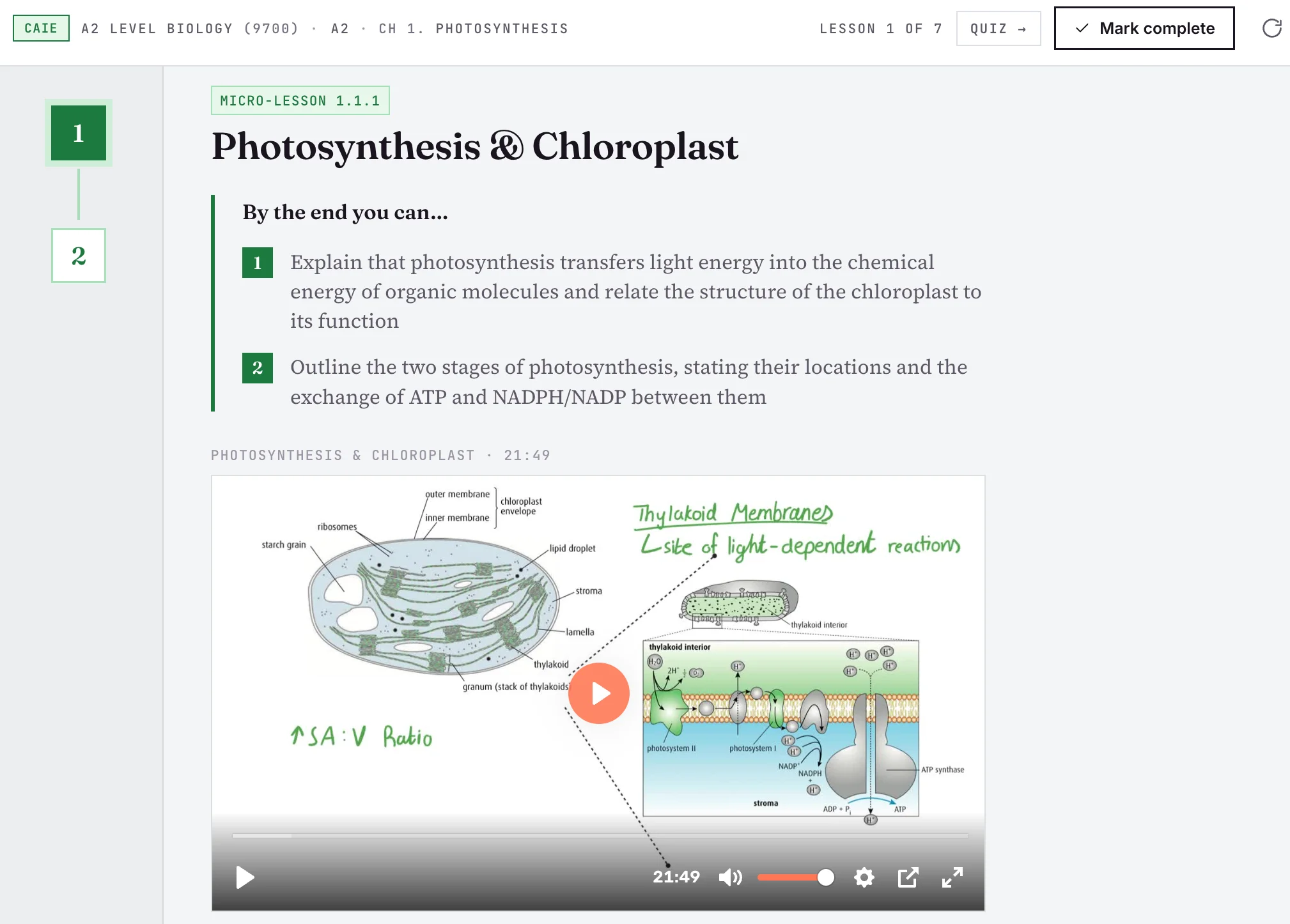 The Alt Academy Biology course player: chapter list, lesson video and Skill Check
