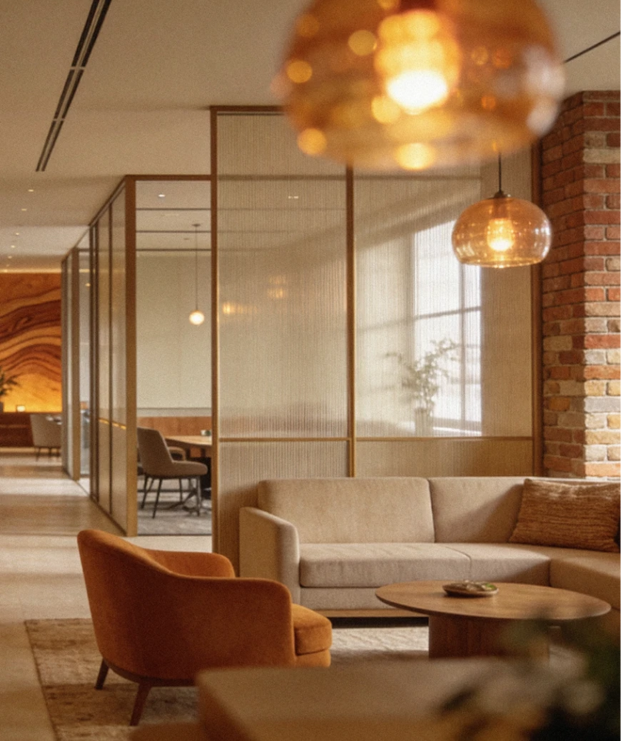 Interior acolhedor de uma loja Casa Financeira, com sofá, poltrona e candeeiros de luz quente.
