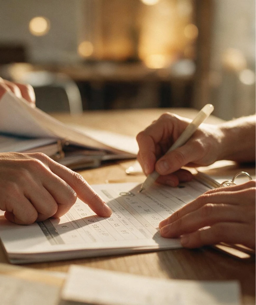 Especialista a ajudar um cliente a preencher um documento a uma mesa de madeira, em luz acolhedora.