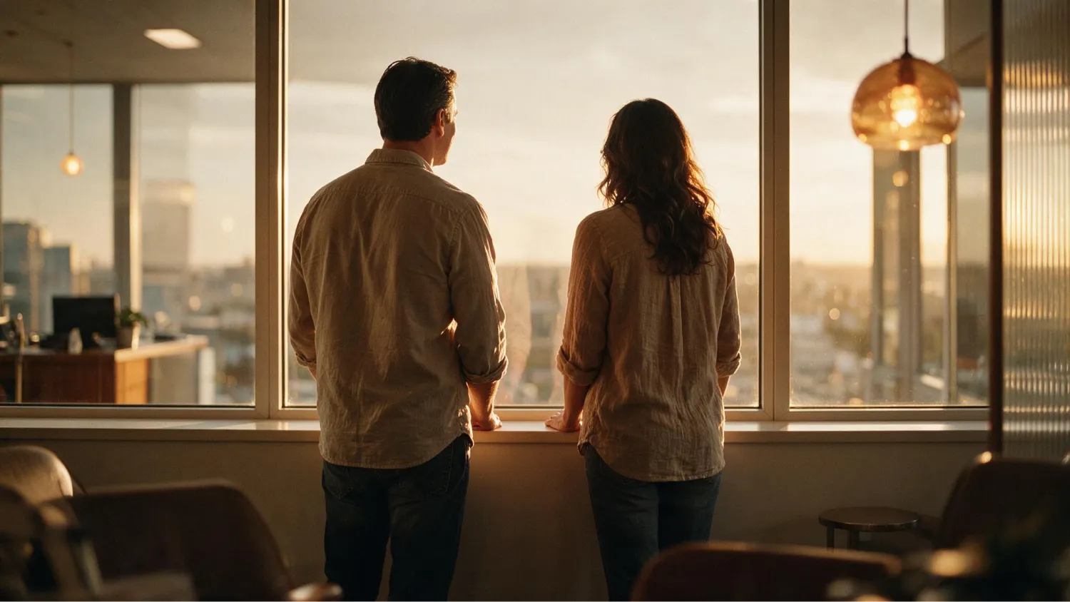 Homem e mulher lado a lado, em casa, a olhar pela janela ao pôr do sol.