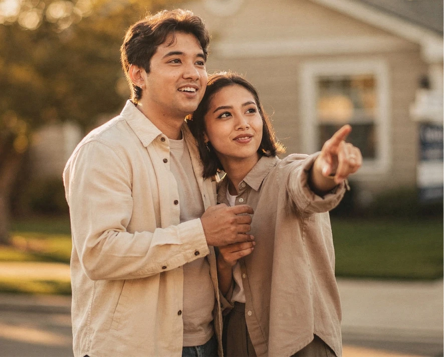 Casal jovem à porta de casa, ela a apontar em frente e ele a segurar-lhe a mão, ambos a olhar em frente.