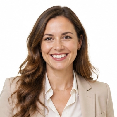 Retrato de uma mulher a sorrir, de cabelo comprido ondulado, com blazer bege e blusa branca.
