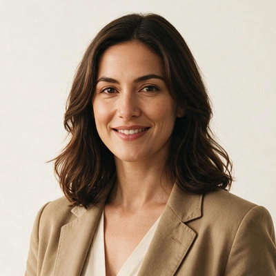 Retrato de uma mulher a sorrir, de cabelo castanho pelos ombros, com blazer bege e blusa branca.