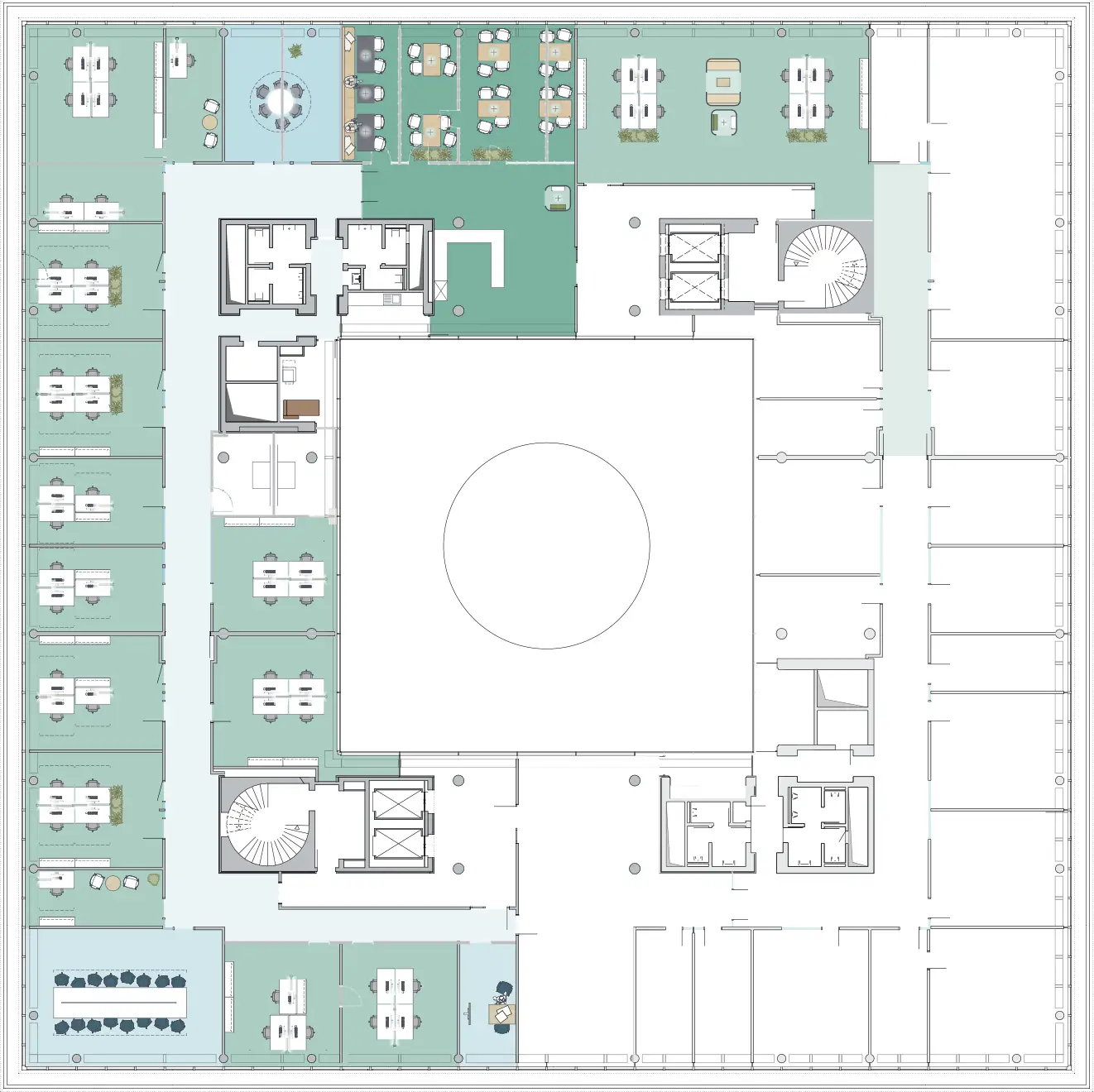 Grundriss eines Bürogebäudes mit zahlreichen Arbeitsplätzen, Meetingräumen, Gemeinschaftsbereichen, Aufzügen, Treppen und Sanitäreinrichtungen, organisiert um einen großen zentralen Innenhof.