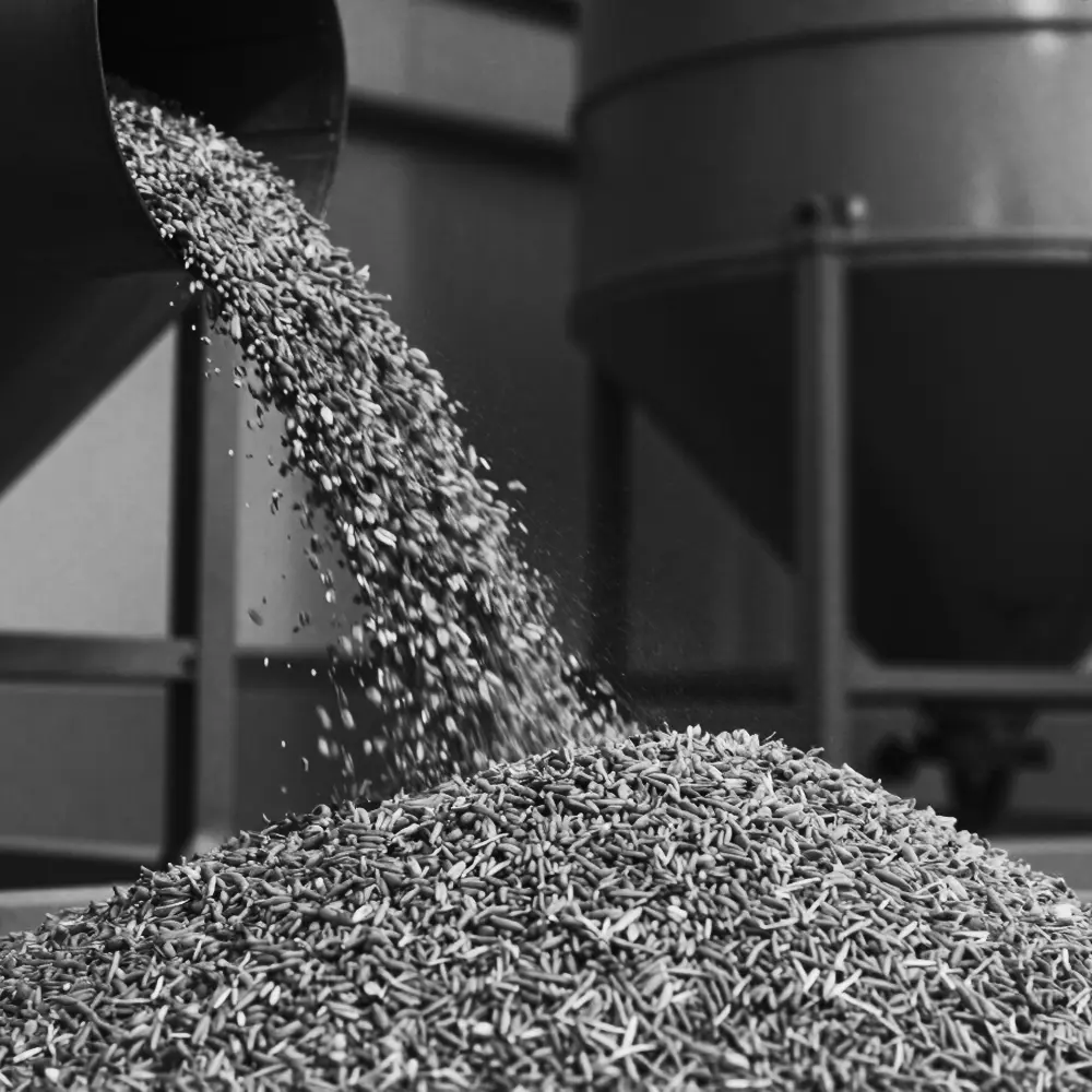 Black and white image showing rows of heavy industrial metal parts arranged on the ground.