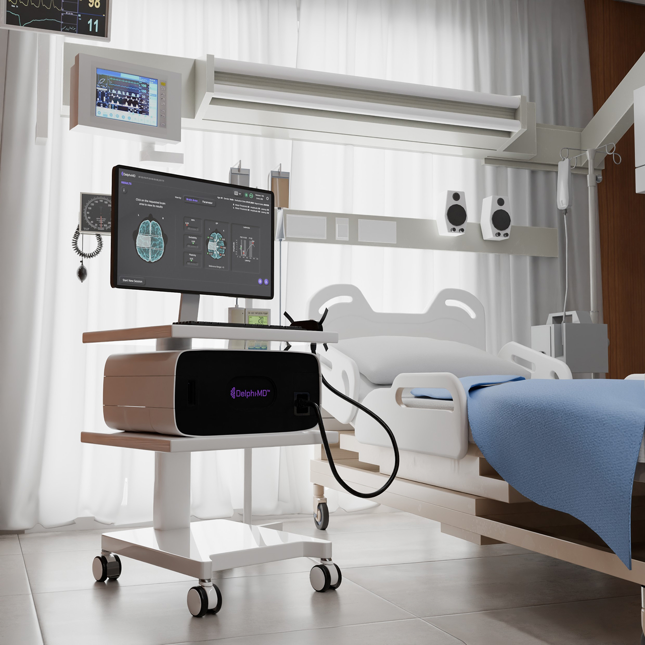 Delphi-MD system beside a hospital bed in a clinical room