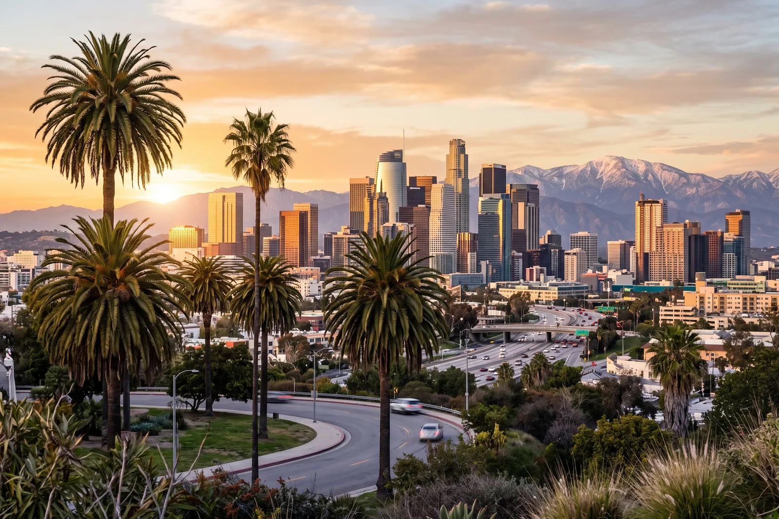 Downtown Los Angeles skyline with palm trees at golden hour