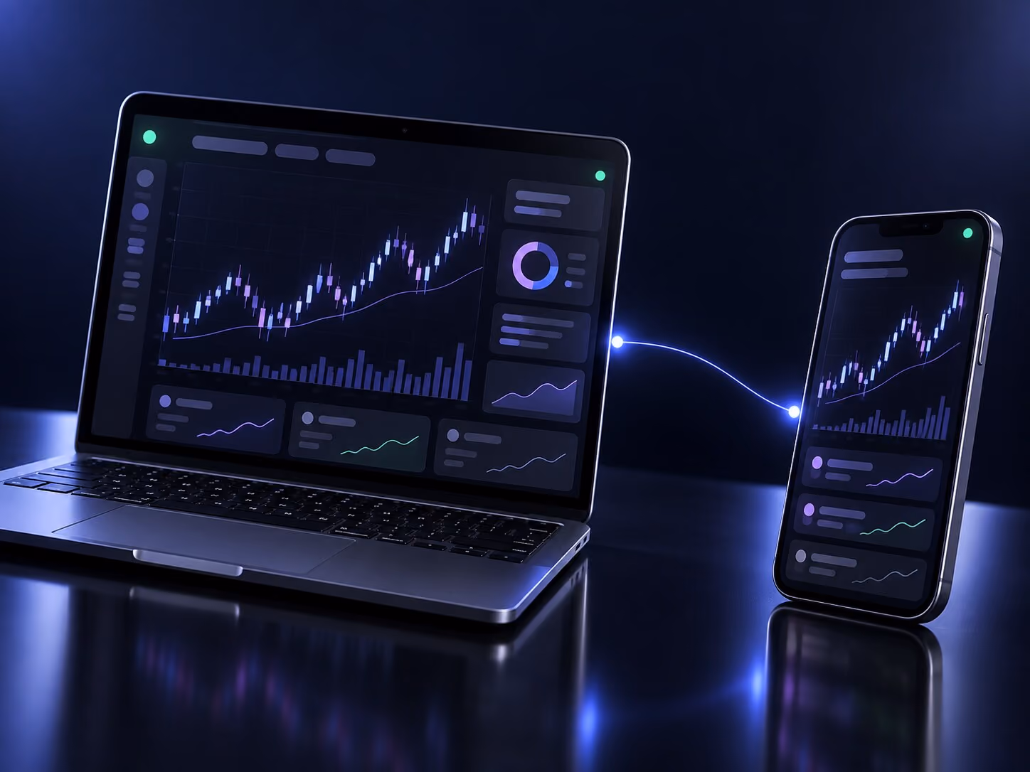 Laptop y teléfono conectados entre sí, ambos mostrando un panel de trading con gráfico de velas.