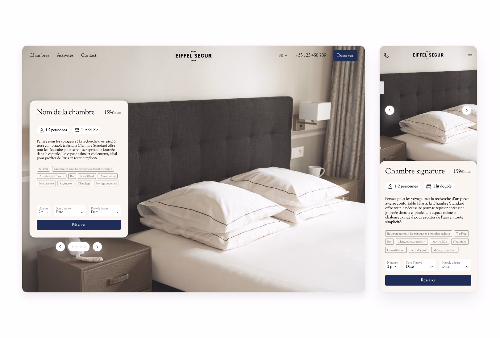 Capture du site web réalisé pour Hôtel Eiffel Segur