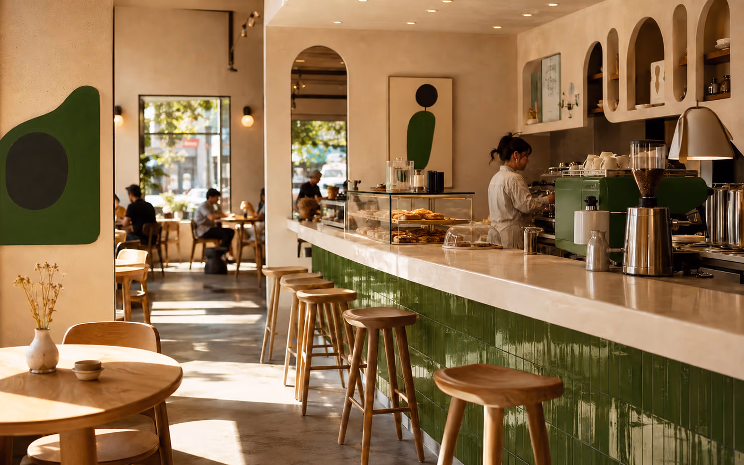 Bright coffee shop interior with wooden stools, green tile counter, pastries, and barista at espresso machine.