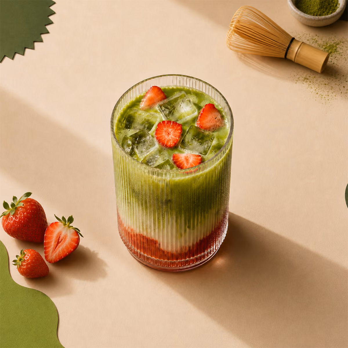 Layered strawberry matcha drink with ice and sliced strawberries in a ribbed glass.