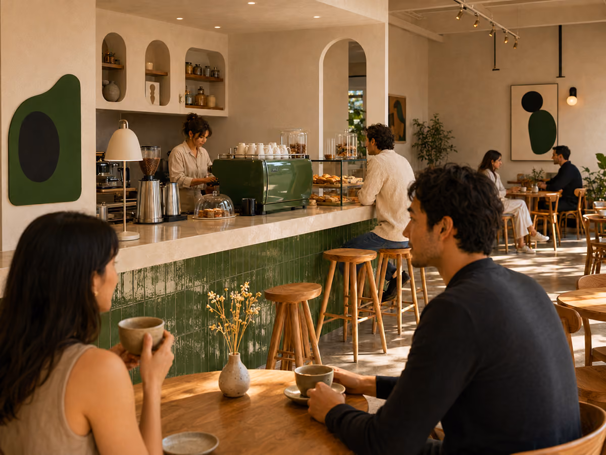 People enjoying coffee and pastries inside a cozy café with green tiled counters and wooden stools.