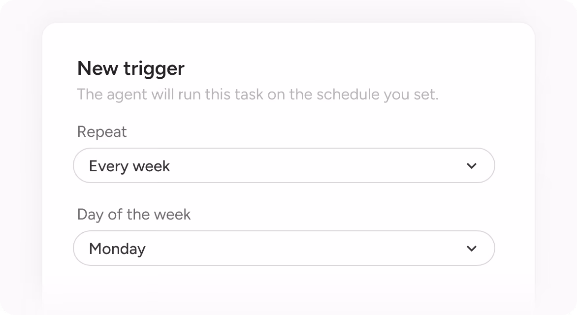 User interface panel titled New trigger with options to repeat task every week and select Monday as the day of the week.