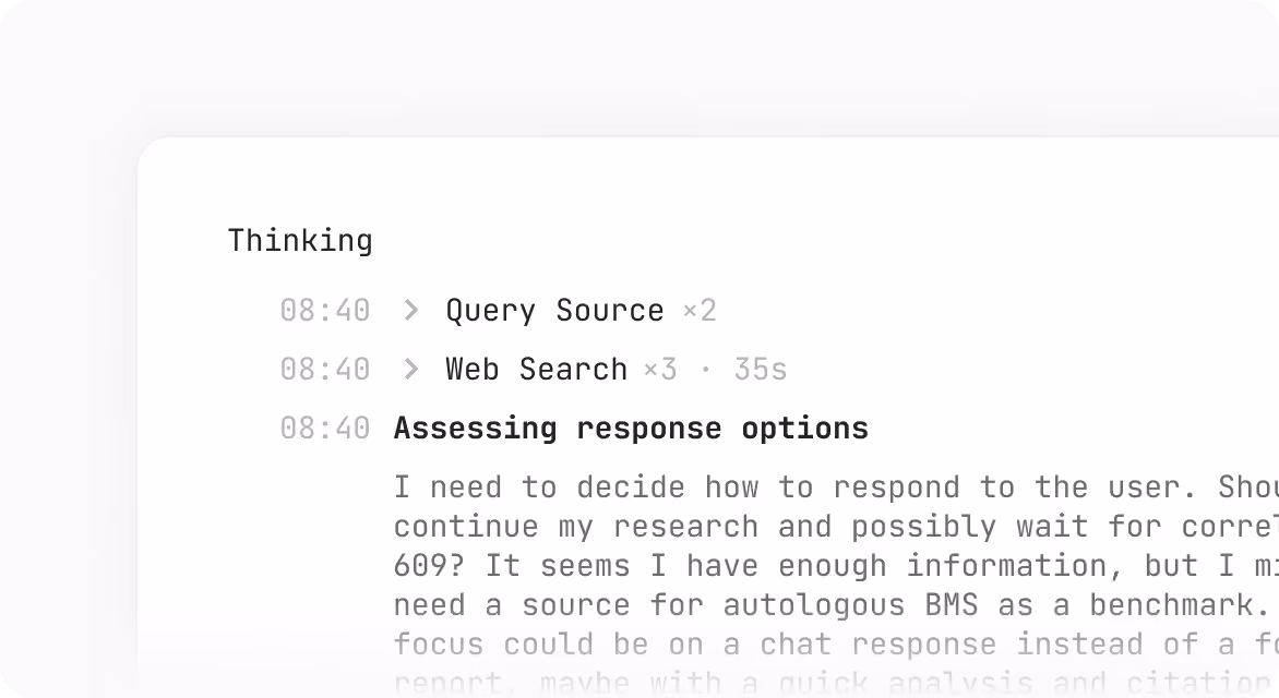 Screenshot of a text interface showing timed entries labeled 'Query Source,' 'Web Search,' and a bolded heading 'Assessing response options' with partially visible typed text below.