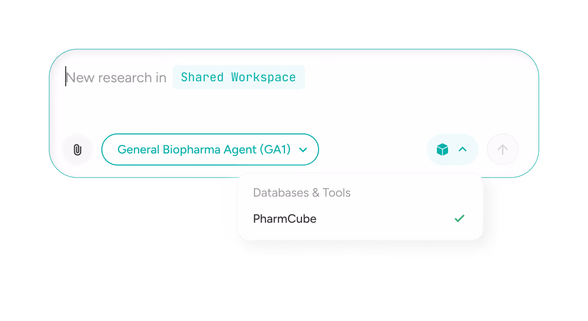 Interface showing new research in Shared Workspace with dropdown set to General Biopharma Agent (GA1) and a submenu listing PharmCube under Databases & Tools.