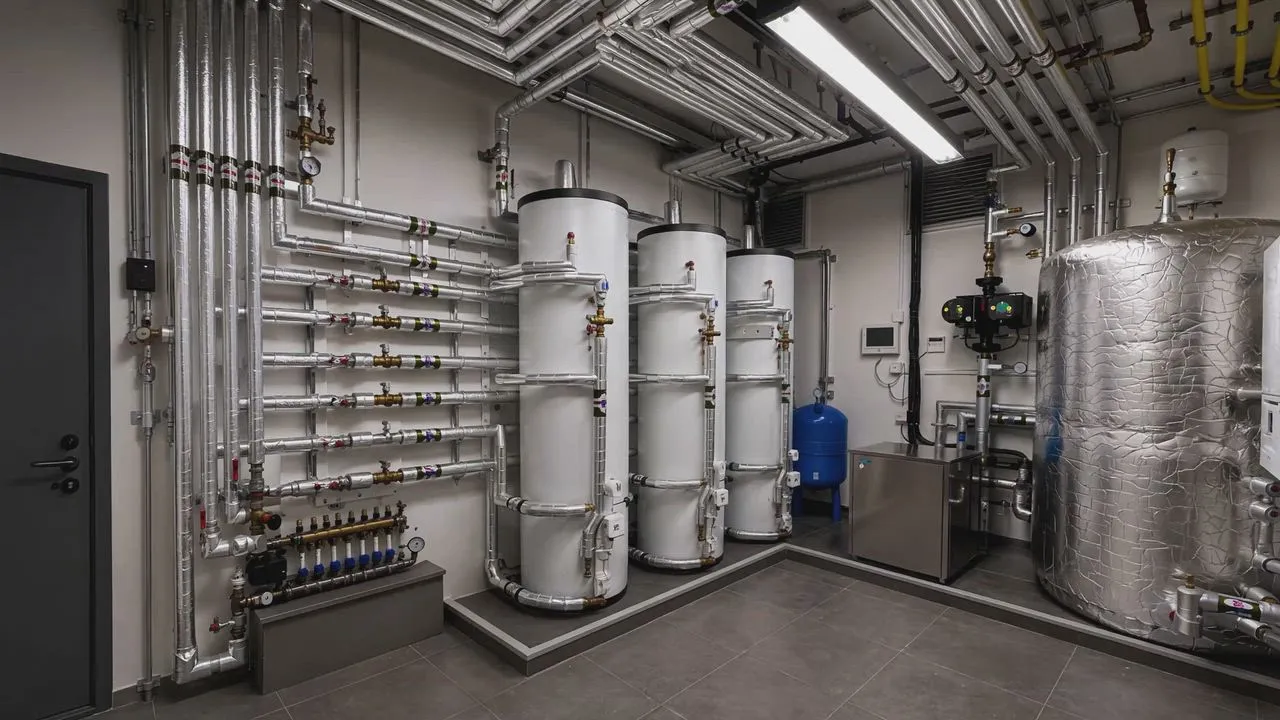 Geothermal plant room with buffer tanks and insulated pipework