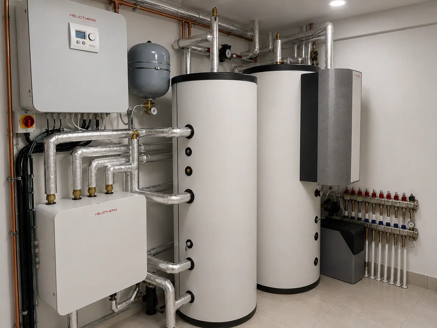 a vertical cylindrical storage tank or buffer/accumulator tank, commonly used in a heating or heat pump system for hot water accumulation