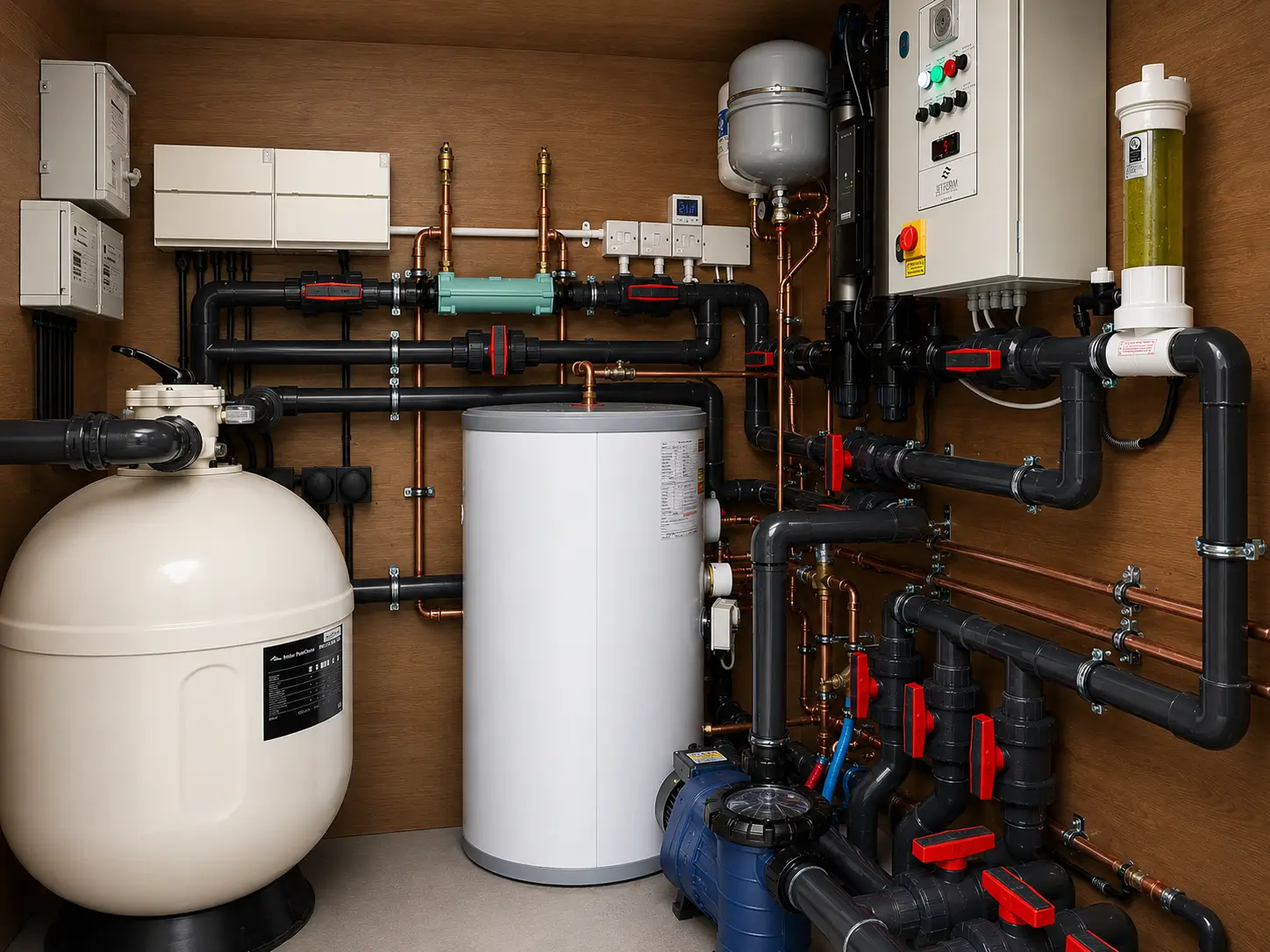 a professionally installed mechanical room featuring a large sand filter tank on the left